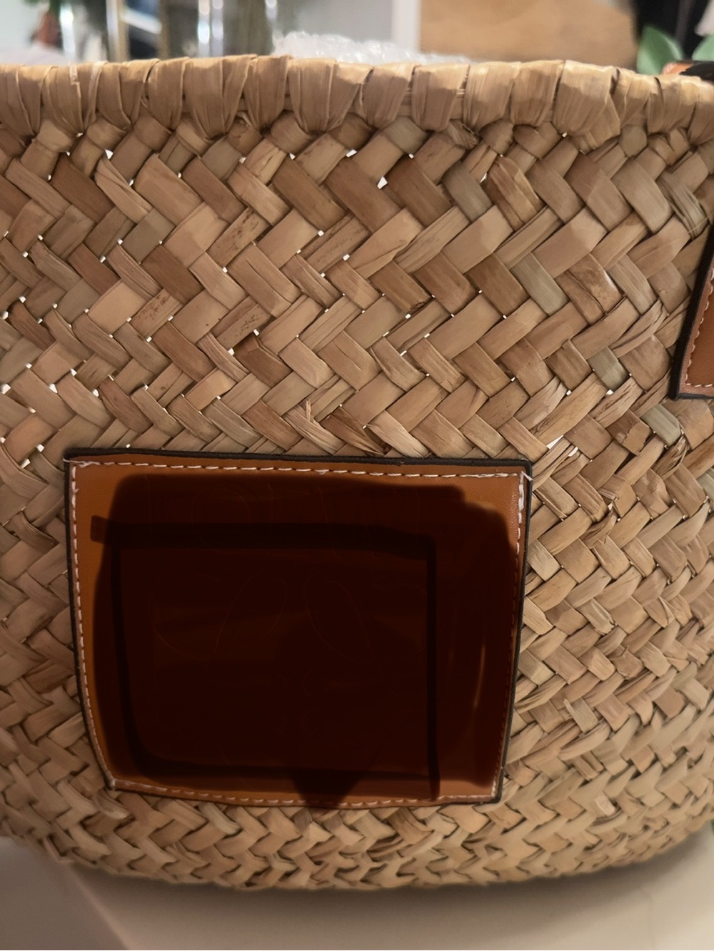 Woven Straw Tote Bag with Brown Leather Patch